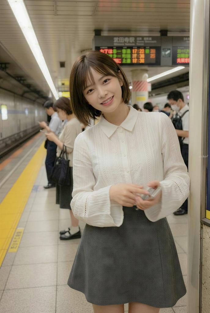 Young East Asian woman with a bob haircut smiling on a busy Japanese train platform while holding a smartphone.