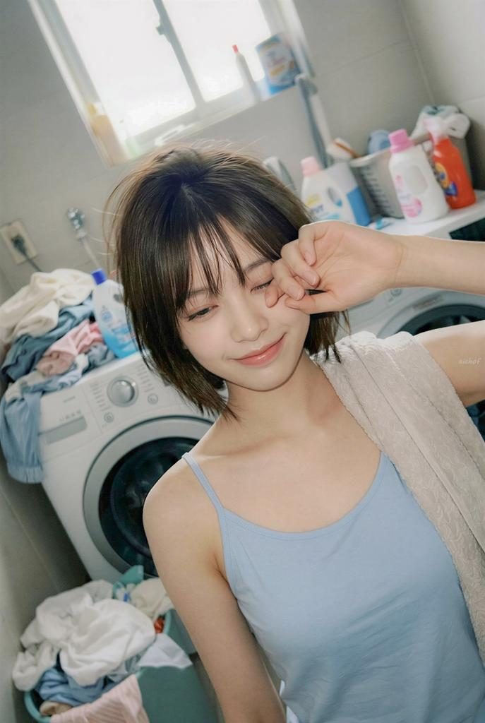 Young woman with short brown hair in a blue tank top posing sleepily in a cluttered laundry room.