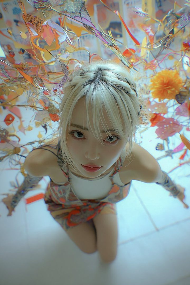Young woman with platinum blonde hair kneeling on a confetti-strewn floor, gazing upward in a vibrant studio setting.