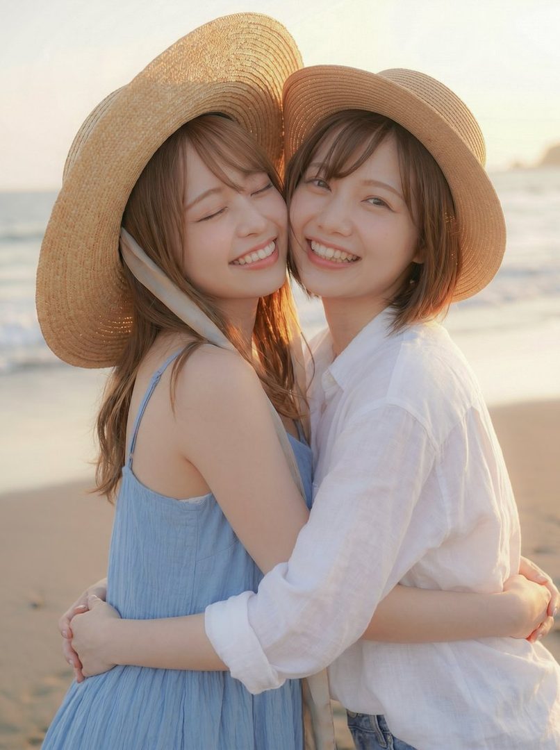 Two smiling young women in straw hats embrace on a golden beach at sunset.