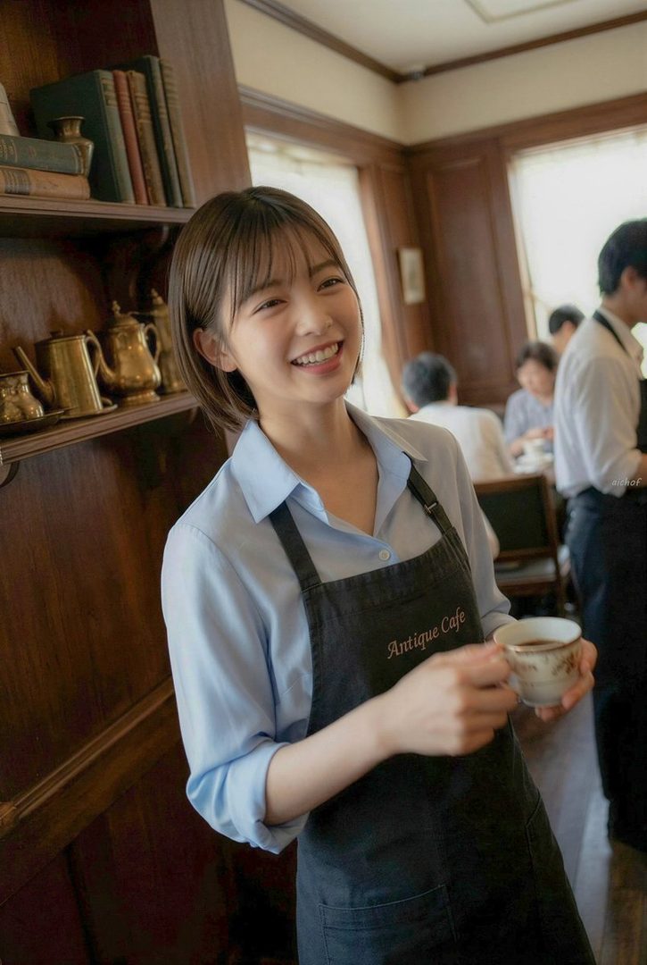 Smiling young woman in a blue shirt and apron holding a coffee cup inside a cozy antique cafe with bookshelves.