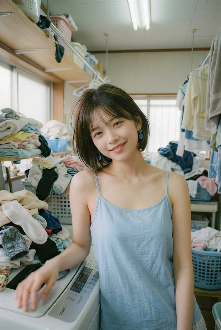 A smiling young woman with short brown hair stands in a cluttered laundry room wearing a light blue camisole.