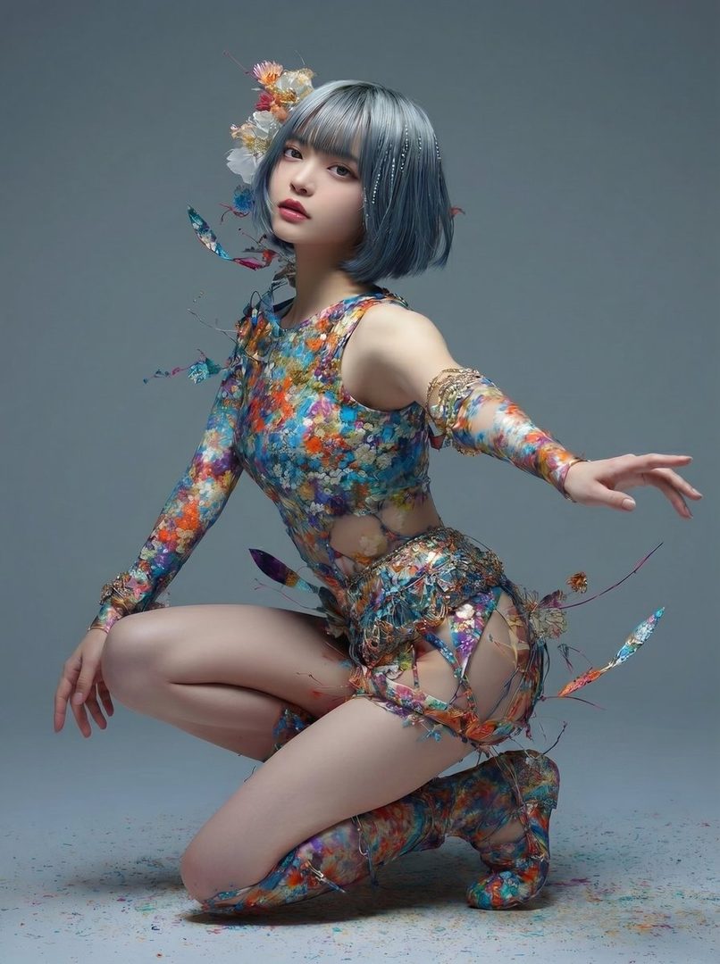 A young woman with short silver-blue hair wearing a vibrant fragmented floral dress kneels in a minimalist studio surrounded by colorful petals.