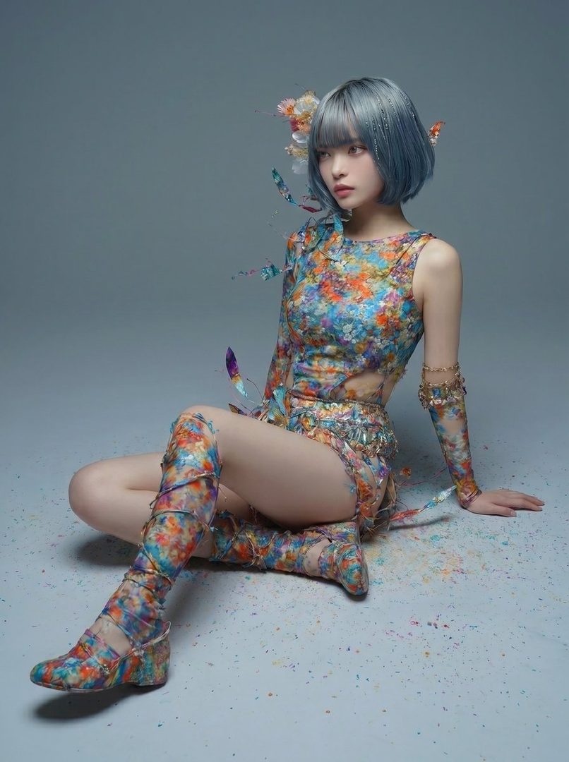 Young woman with short silver-blue hair wearing a vibrant floral cutout dress and matching boots, posed seated in a minimalist studio.