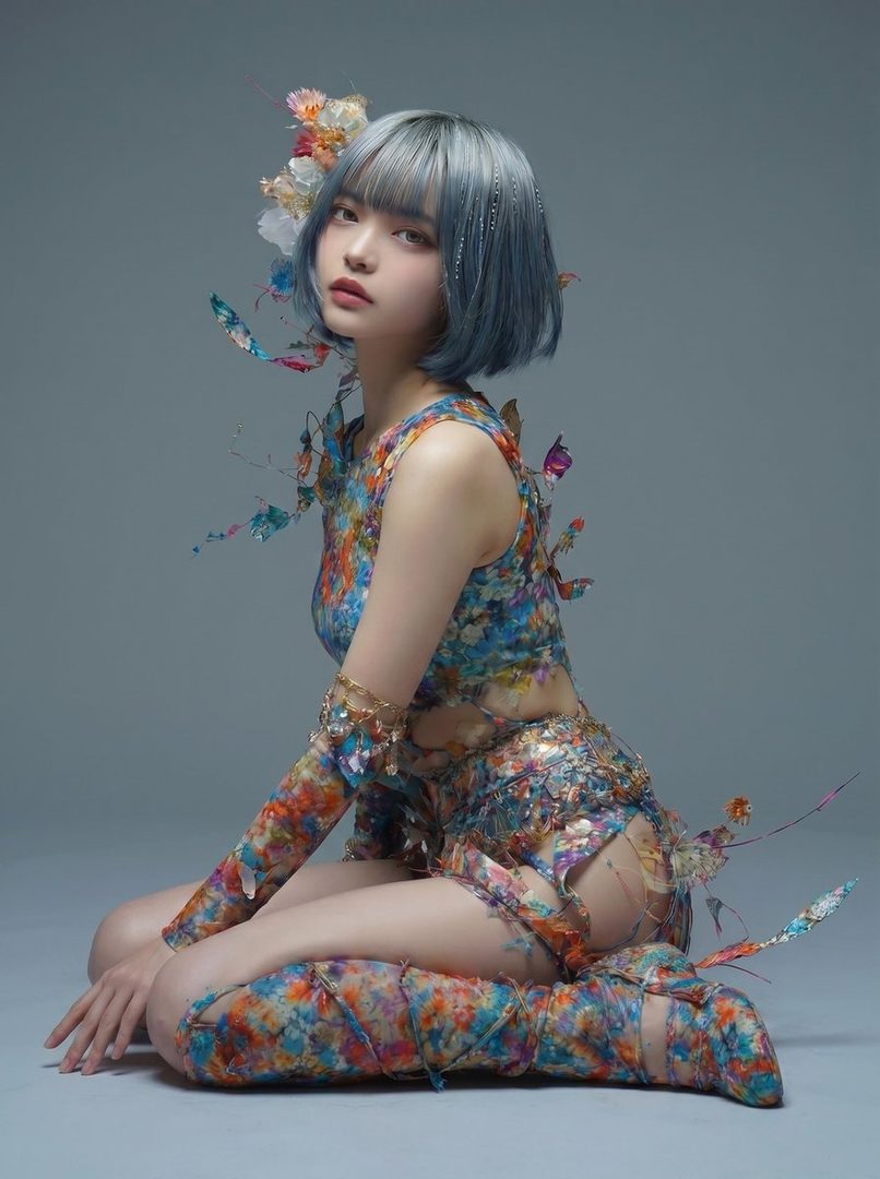 A young woman with short silver-blue hair wearing a colorful floral outfit adorned with real flowers and butterflies, posing seated in a minimalist studio.