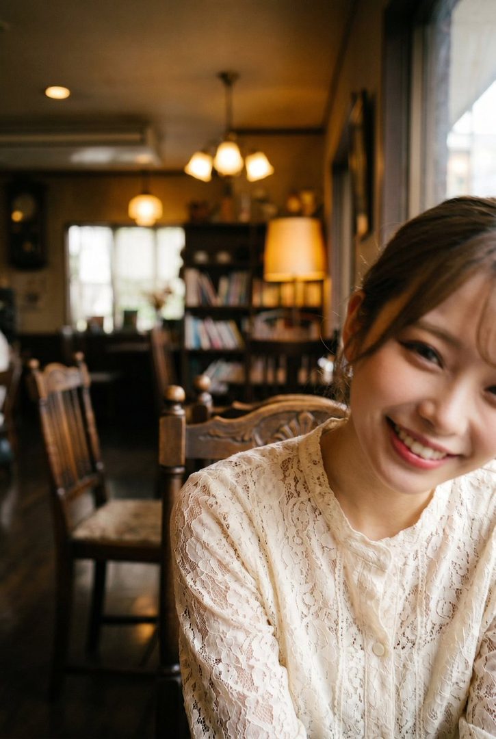 A smiling young woman with brown hair wearing a white lace blouse in a cozy cafe with bookshelves.