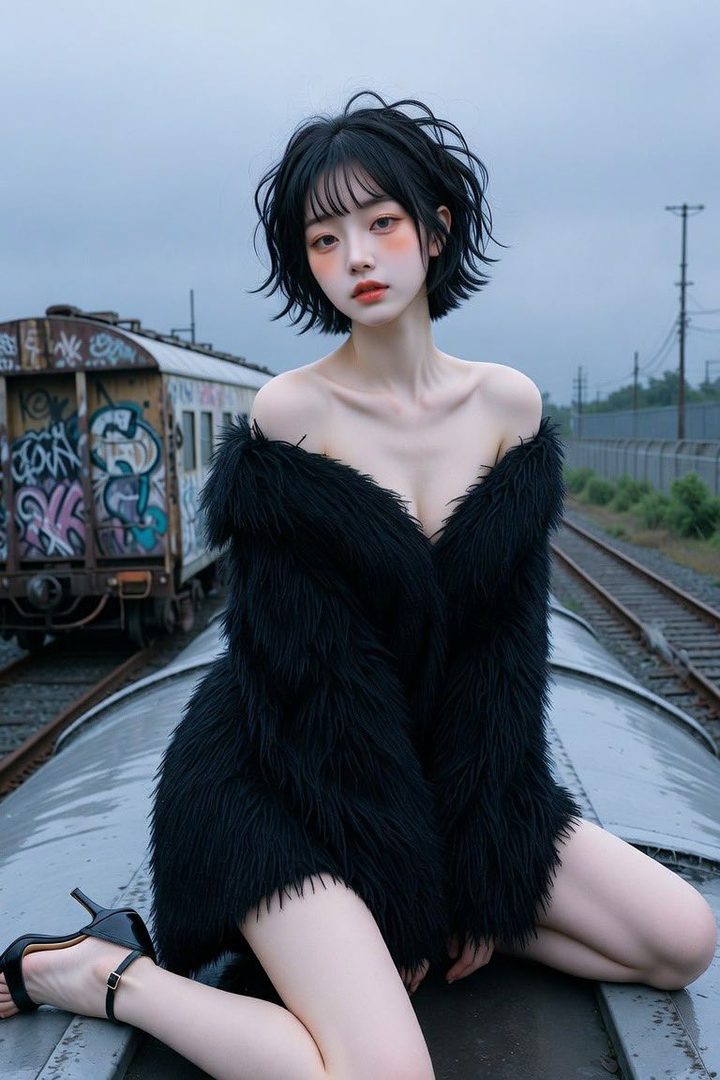 A woman with short black messy hair and a black furry off-shoulder top kneels on top of an abandoned train car with graffiti, next to train tracks under an overcast sky.