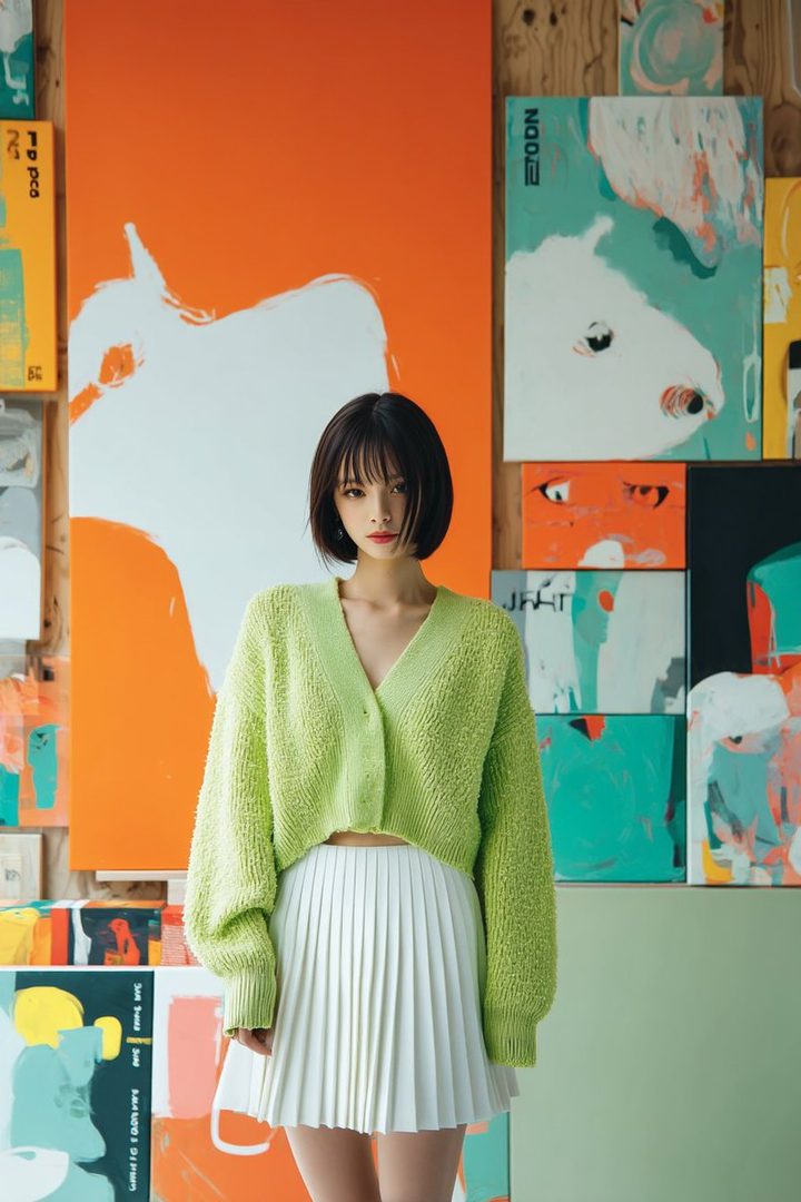 Young East Asian woman with short black bob hair wearing a lime green fuzzy cardigan and white pleated skirt posing in a colorful art studio.