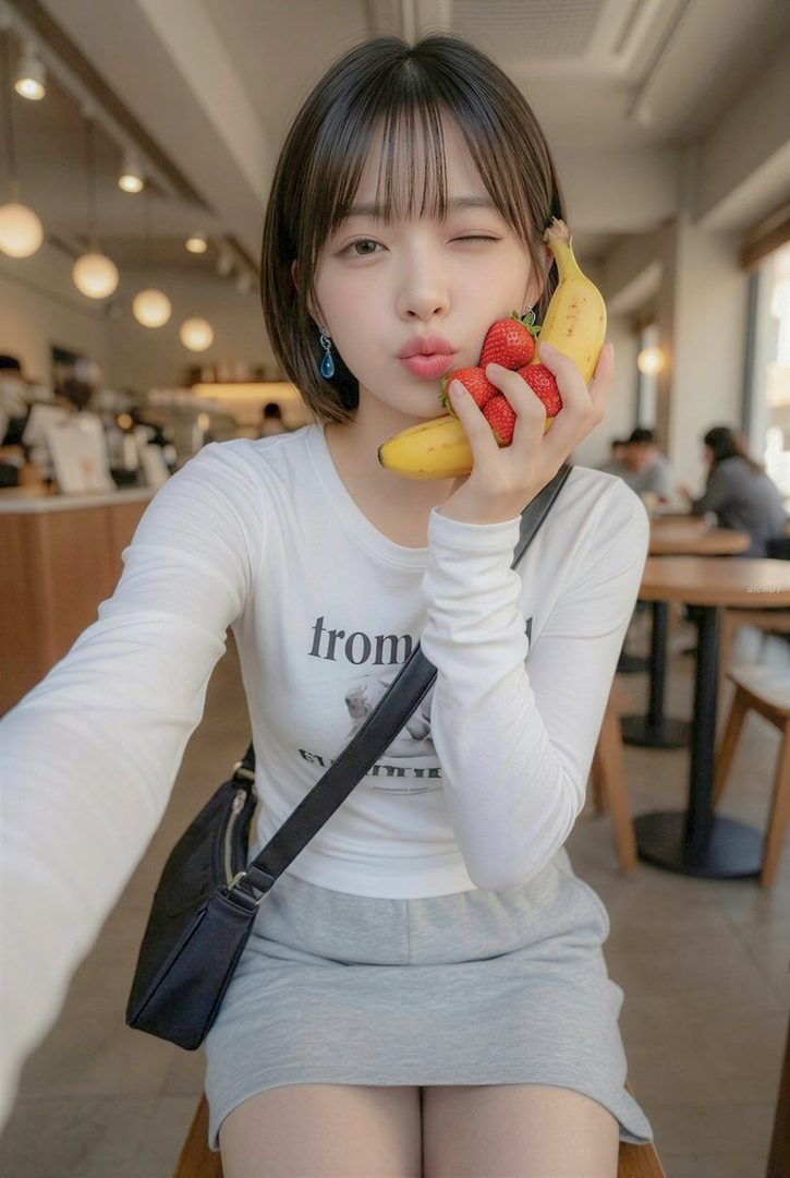 Young East Asian woman with short dark hair taking a playful selfie in a cafe while holding a banana and strawberries to her face.