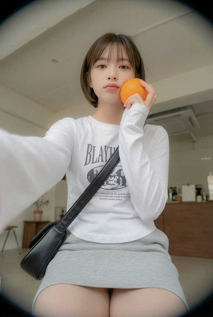 Young woman with short brown hair taking a selfie and holding a fresh orange to her cheek in a casual indoor setting.