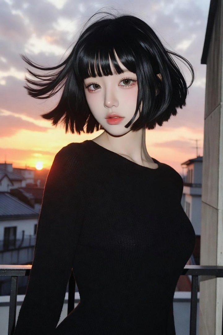 A portrait of a woman with short black hair and bangs, wearing a black long-sleeve top, standing on a balcony with a sunset sky in the background.
