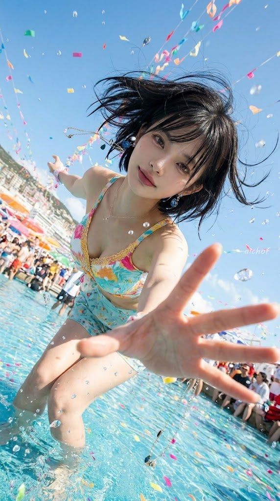 Young Asian woman in a vibrant bikini reaching toward the camera from a sunny outdoor pool filled with confetti and splashing water.