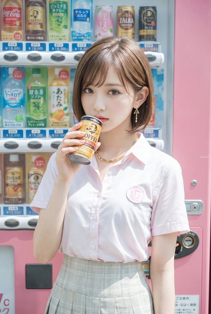 Young Japanese woman with short brown bob hair holding a coffee can in front of a colorful vending machine.