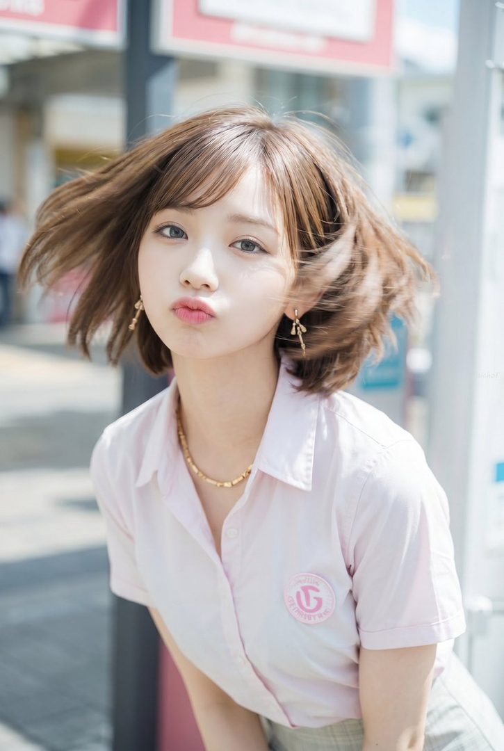 Close-up portrait of a young woman with windswept light brown hair wearing a pink collared shirt on a sunny city street.