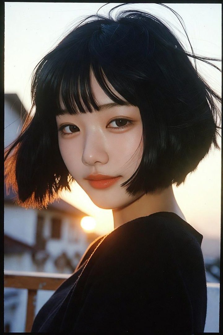 A beautiful woman with a black bob haircut and bangs looks directly at the viewer during sunset, with golden light highlighting her hair.