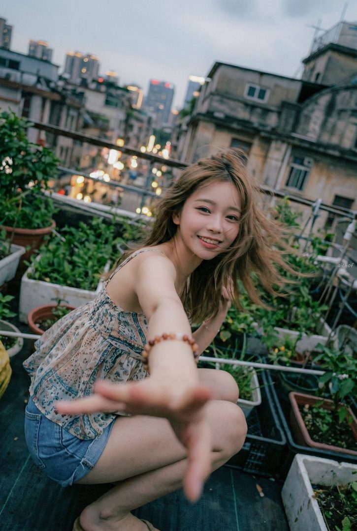 Young woman with light brown hair smiling playfully while reaching toward the camera on a lush urban rooftop garden at dusk.
