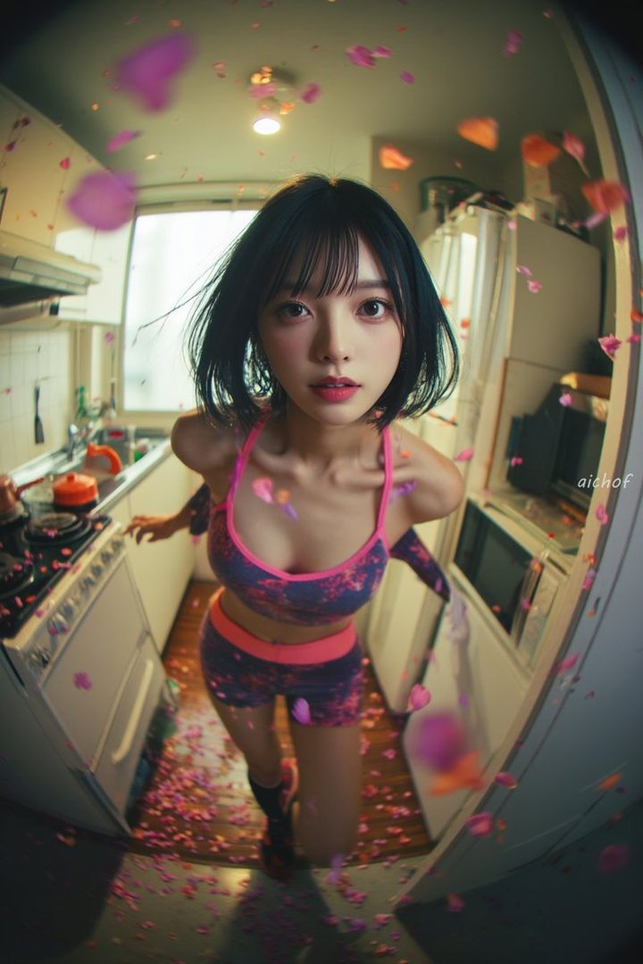 A young East Asian woman with short black hair wearing colorful athletic wear poses in a sunlit kitchen surrounded by floating pink petals.