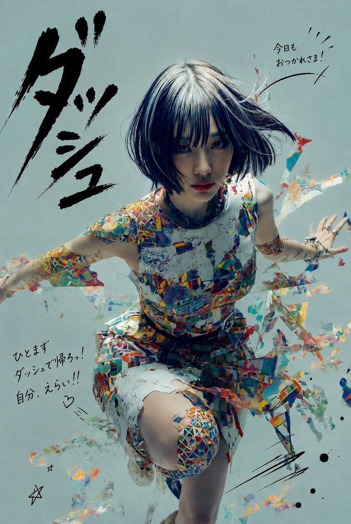 Young woman with short black bob hair wearing a colorful mosaic dress that appears to shatter around her in a dynamic studio pose.