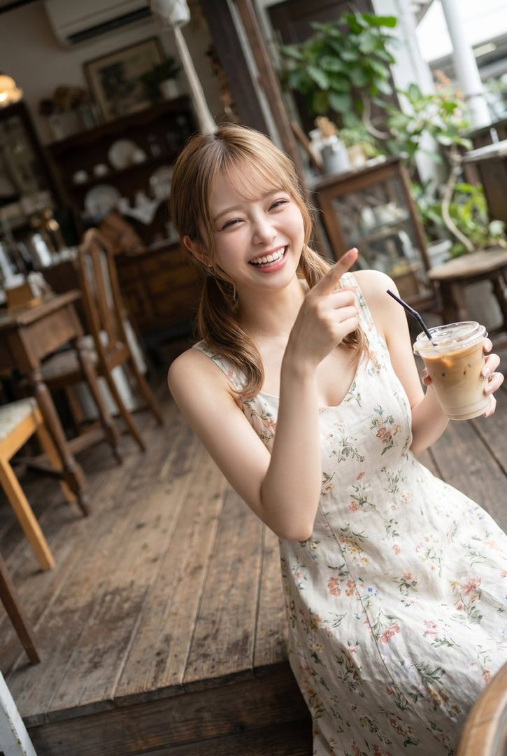 Smiling young woman in a floral dress holding an iced coffee and pointing playfully inside a cozy wooden cafe.