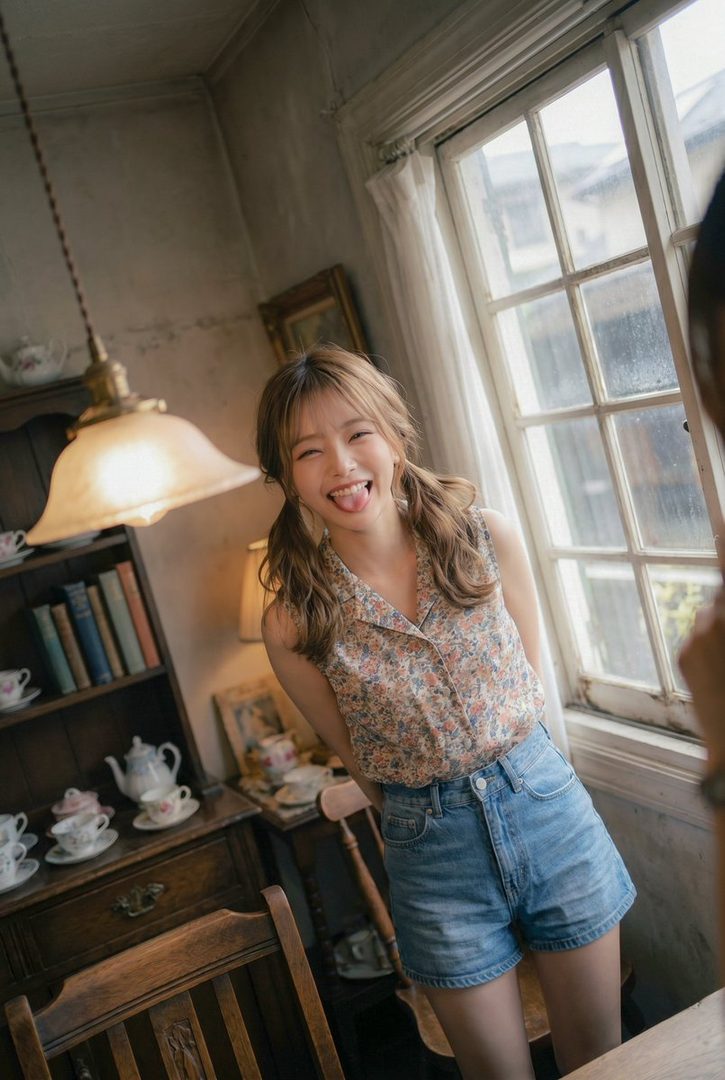 A cheerful young woman playfully sticks out her tongue while posing in a cozy vintage room with warm lamp light and wooden furniture.