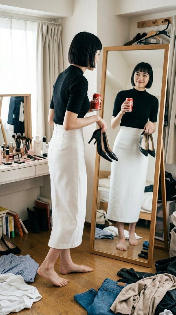 A woman with a bob haircut stands barefoot in front of a mirror, holding a Coca-Cola can and black high heels, wearing a black mock neck top and a white pencil skirt in a messy bedroom.
