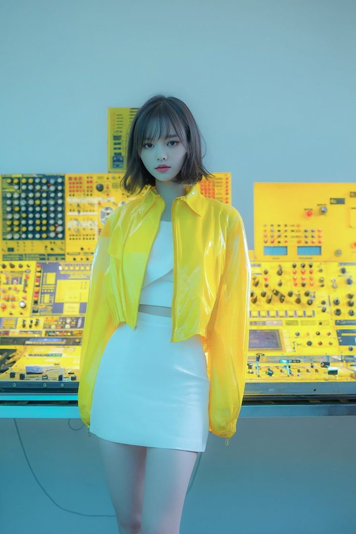 Young East Asian woman with short brown hair wearing a shiny yellow jacket and white mini skirt posing in a neon-lit room filled with vintage synthesizers.
