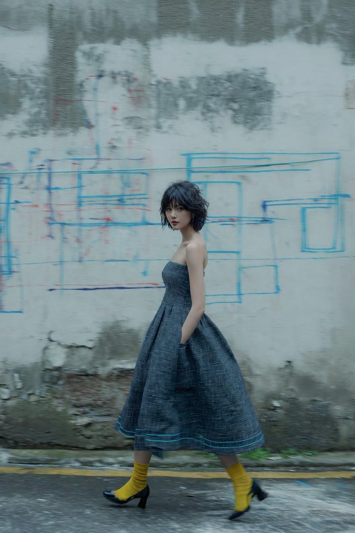 A young woman with short dark hair wearing a strapless denim dress and bright yellow socks walks past a graffiti-covered wall on an urban street.