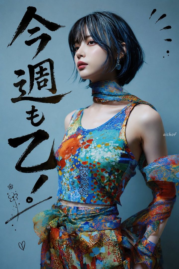 Young woman with short blue-black hair wearing a vibrant multicolored abstract print outfit in a studio portrait.