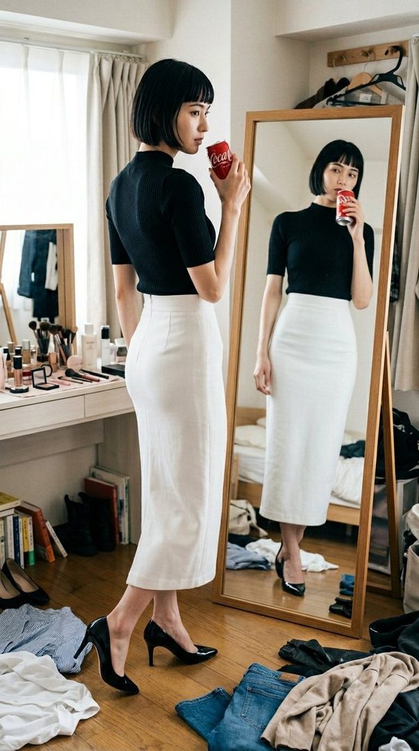 A woman with a bob haircut and bangs, wearing a black mock neck top and a white pencil skirt, stands in a bedroom holding a Coca-Cola can, looking at her reflection in a full-length mirror.