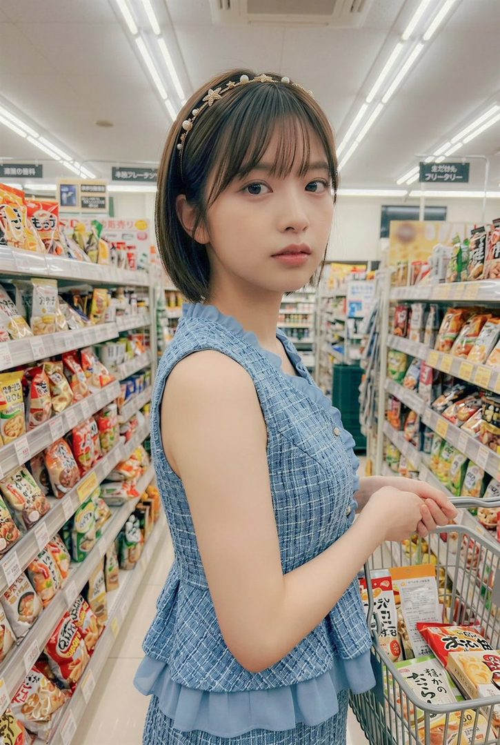 Young East Asian woman with short brown hair and pearl headband posing in a brightly lit Japanese supermarket aisle while holding a shopping cart.