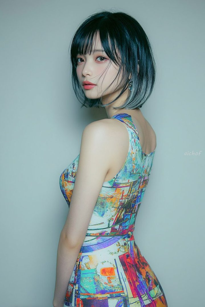 Elegant young woman with short black bob hair and bangs wearing a vibrant abstract-patterned dress, posing in a minimalist studio setting.