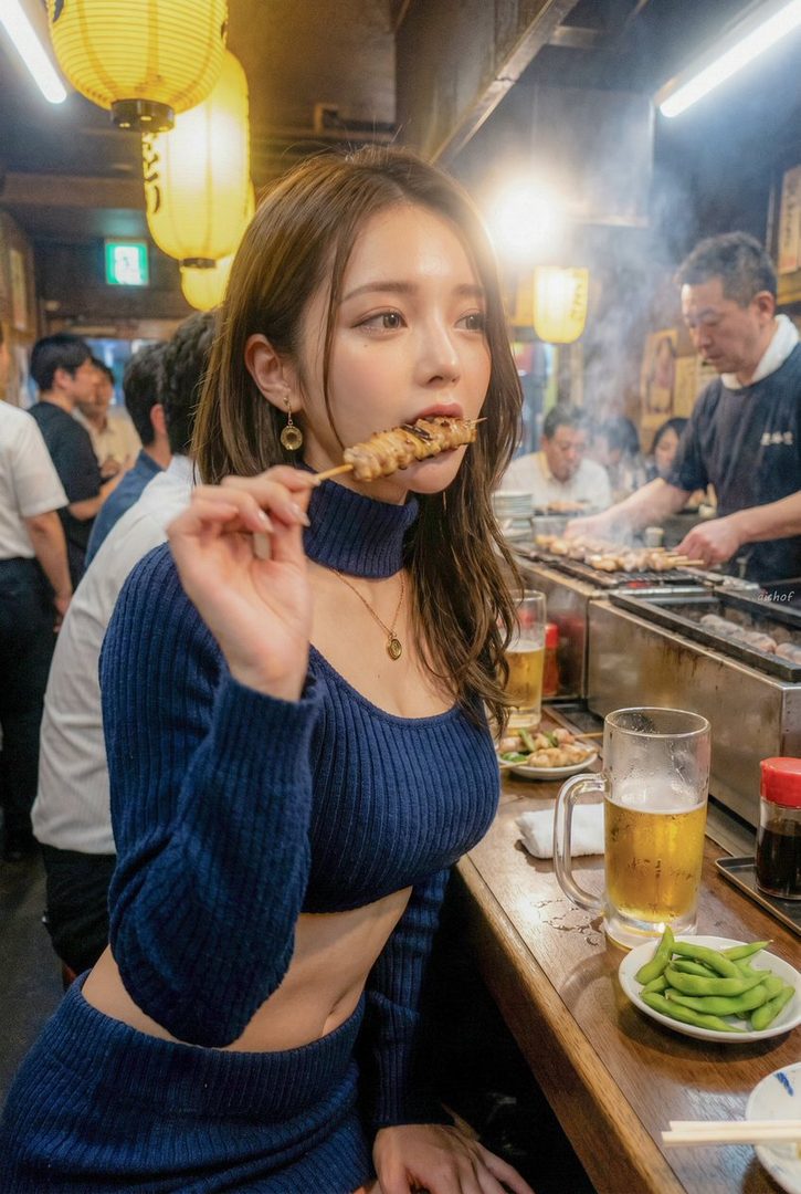 Young Japanese woman in a blue cropped knit outfit eating yakitori at a lively izakaya counter with beer and edamame.