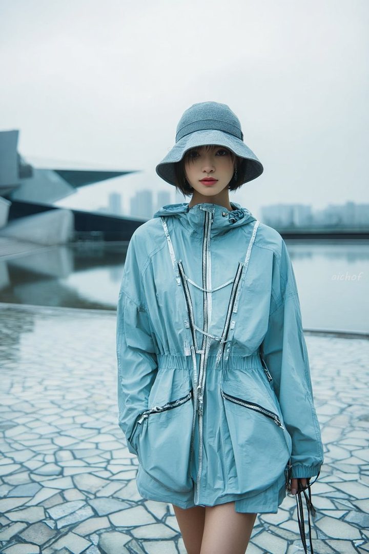 Young East Asian woman in a stylish light blue hooded rain jacket and bucket hat posing on wet stone pavement beside modern architecture on an overcast day.