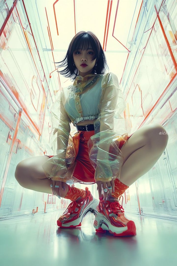 Young woman with short dark hair squatting confidently in a futuristic transparent corridor, wearing a sheer yellow jacket, red skirt, and vibrant red sneakers.