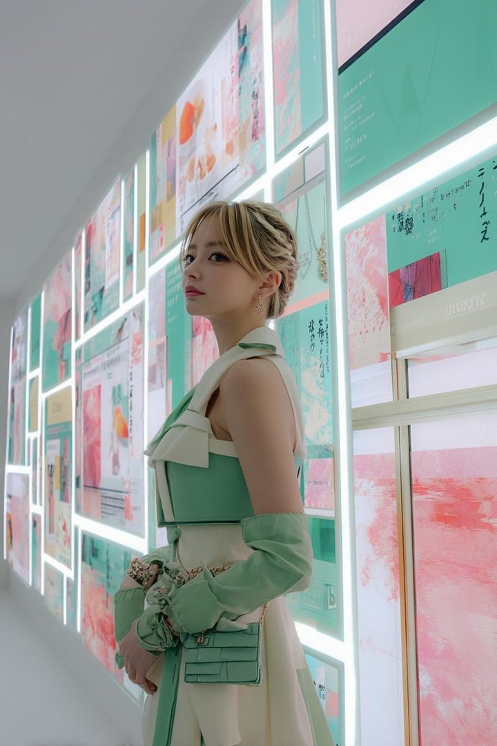 Elegant young woman in a mint green and white bow dress posing in a brightly lit contemporary art gallery.