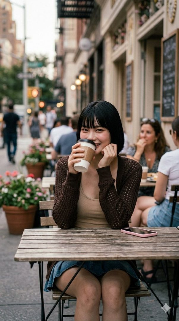 A young woman with black bob hair smiles while holding a coffee cup at an outdoor cafe table.