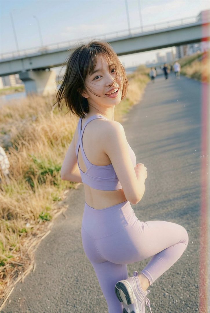 Young woman in light purple activewear smiling over her shoulder on a riverside path with a bridge in the background.