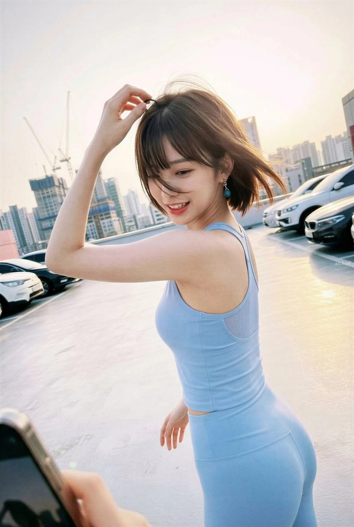 Young woman in light blue form-fitting yoga wear posing on a city rooftop at sunset.