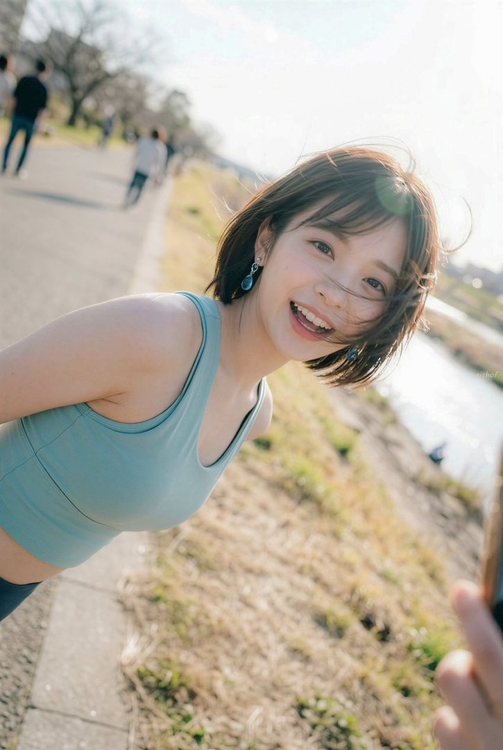 A smiling woman with short brown hair and blue earrings wears a light blue sports bra while standing on a riverside path on a sunny day.