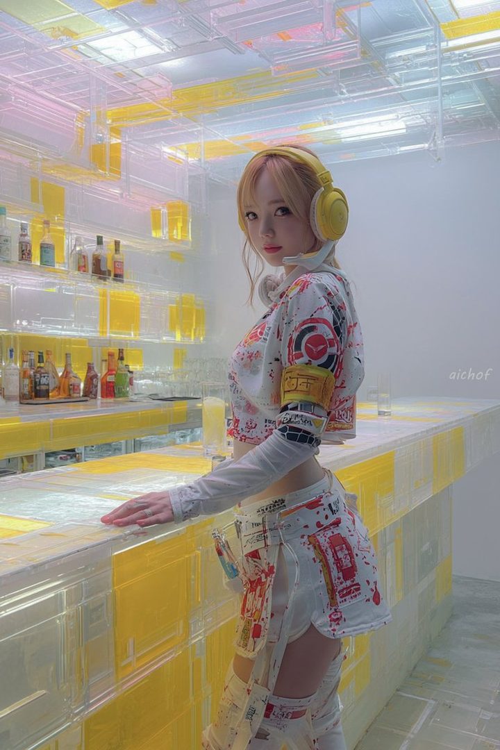Young woman with blonde hair and yellow headphones posing confidently in a vibrant neon-lit futuristic bar with transparent yellow fixtures.