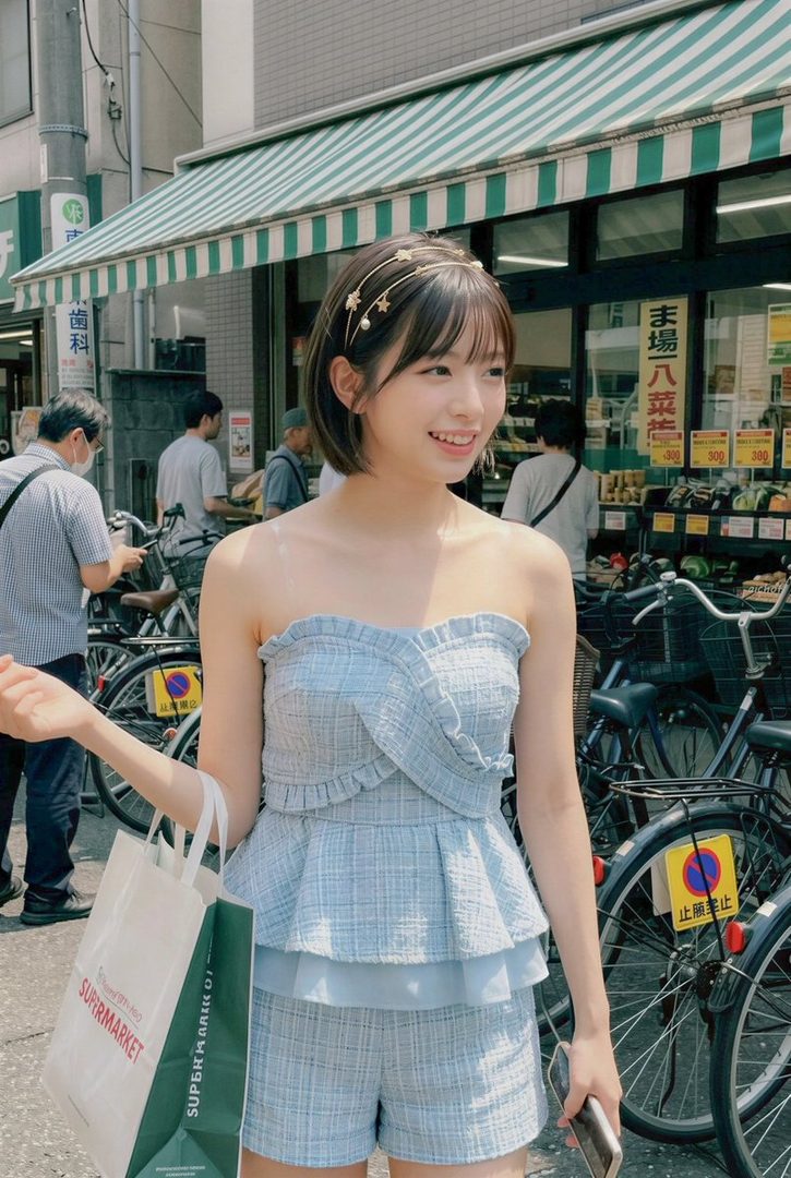 Young Japanese woman with short bob hair and star headband smiling on a sunny city street in a light blue strapless outfit while holding a supermarket shopping bag.