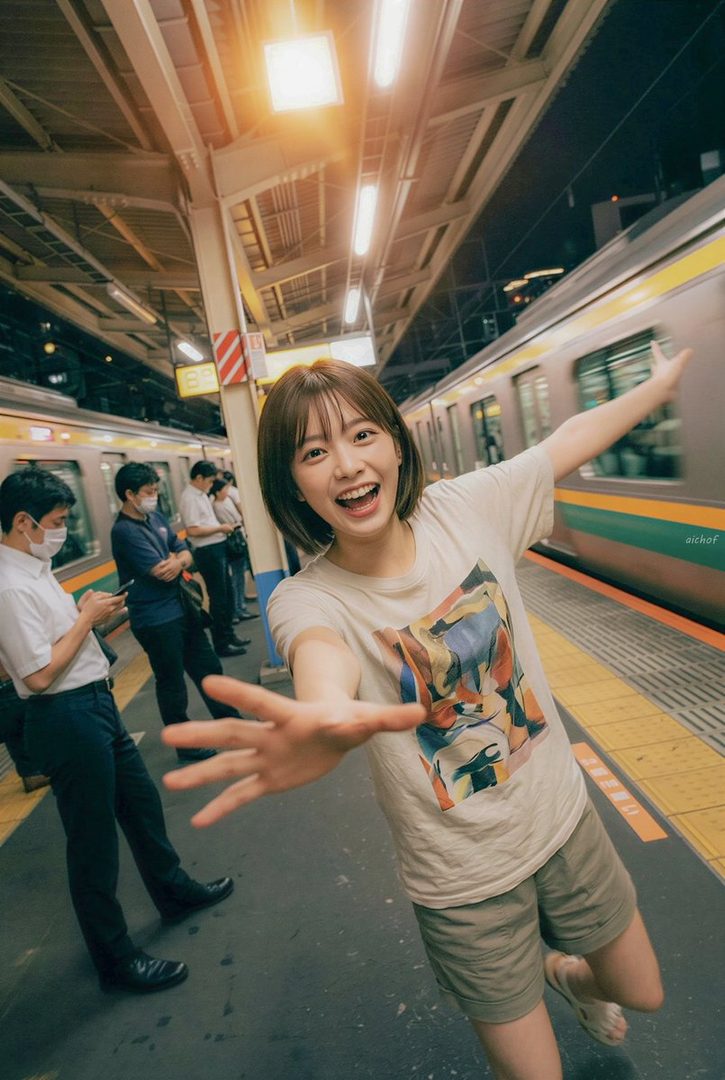 Smiling young Japanese woman with short bob hair playfully reaching toward the camera on a nighttime train platform.