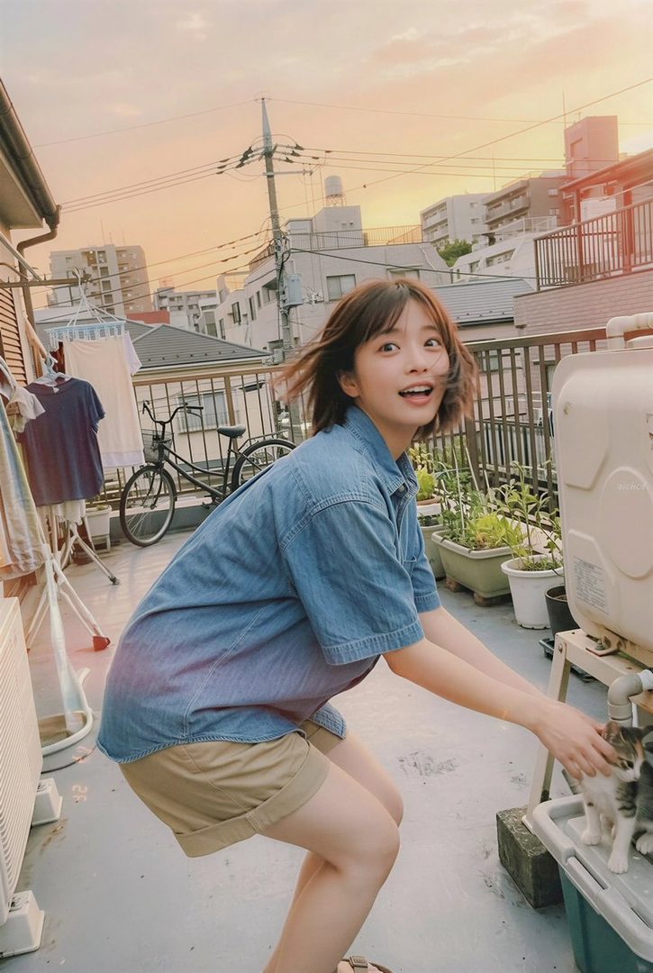 Young Japanese woman in denim shirt squatting on a rooftop at sunset reaching toward a small cat in an urban setting.