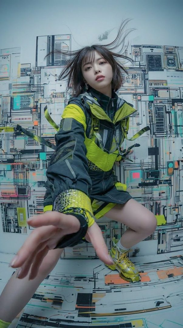 Young woman in futuristic black and neon yellow cyberpunk outfit strikes a dynamic reaching pose against a circuit board mural.