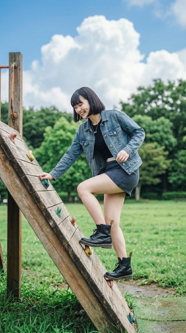 A young woman with a bob haircut and denim jacket is happily climbing a wooden structure in a park on a sunny day.