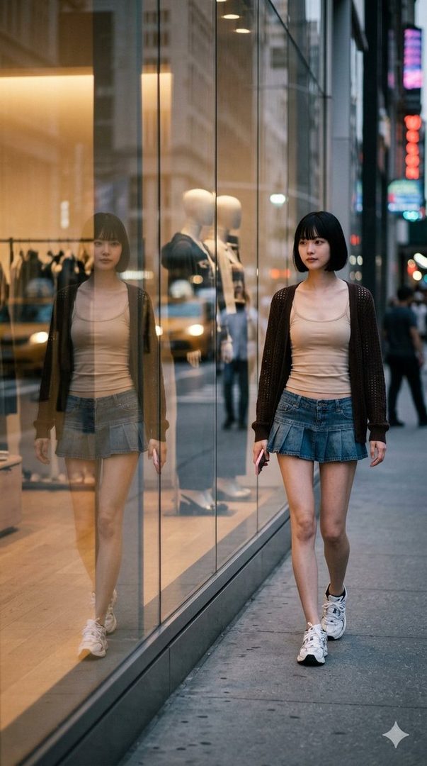 A young woman with a bob haircut walks down a city street past a storefront with her reflection visible.