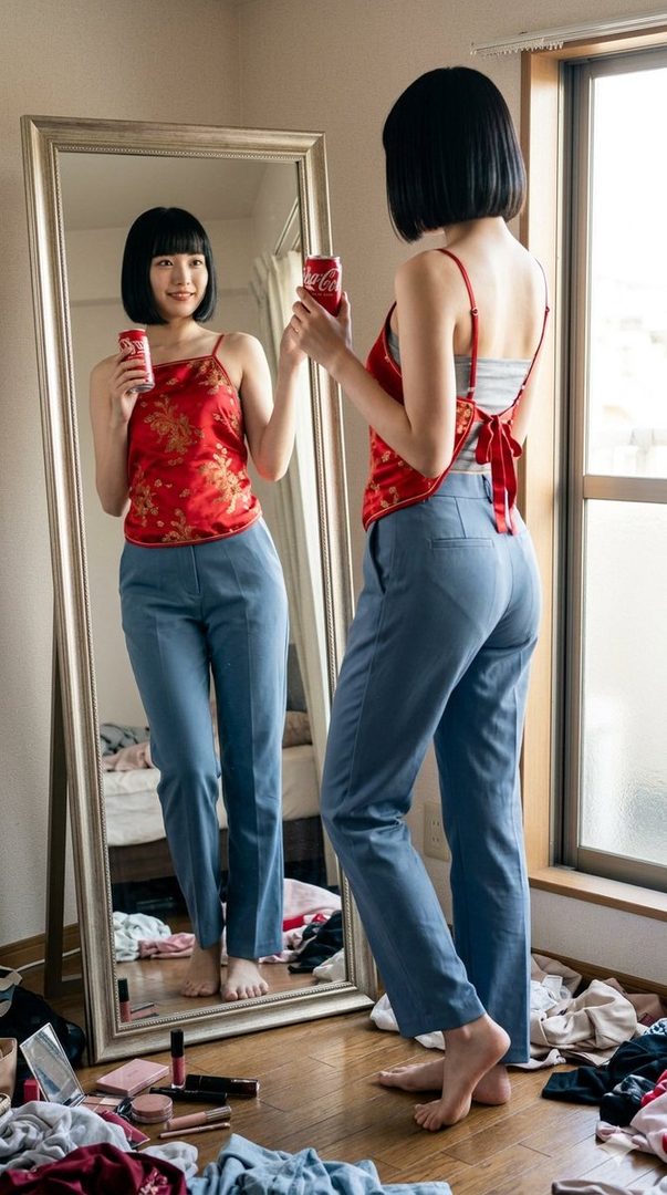 A young woman with a bob haircut stands in front of a mirror, holding a Coca-Cola can, wearing a red satin camisole and blue trousers in a messy room.