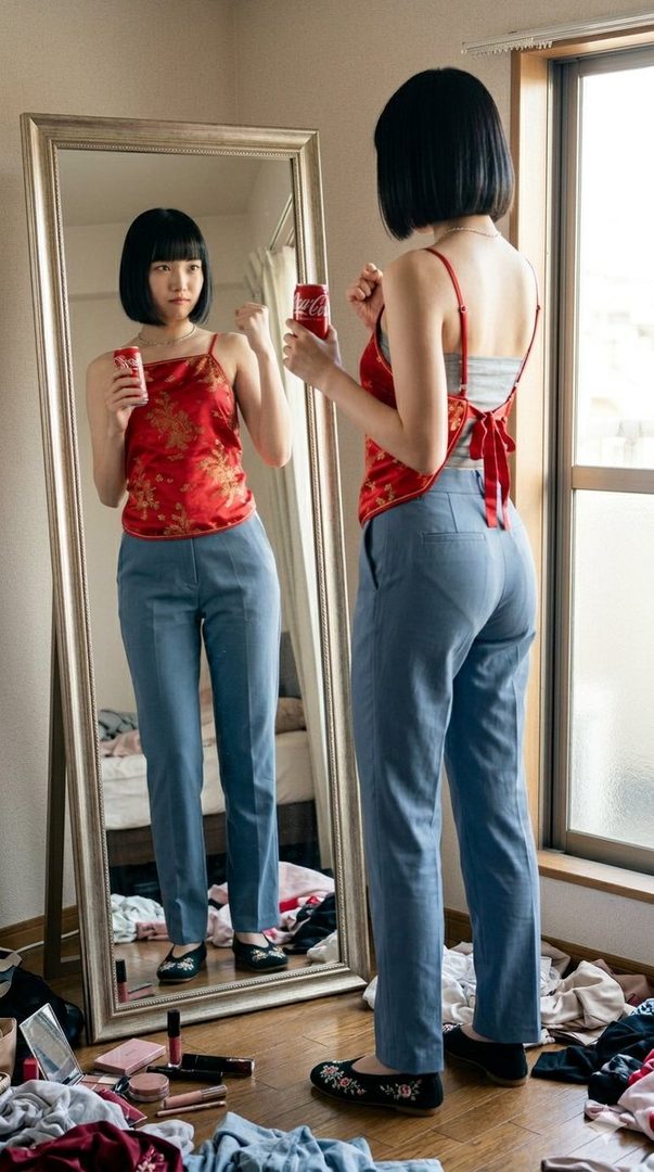 A young woman with a bob haircut stands in front of a mirror, holding a Coca-Cola can, wearing a red satin camisole and blue pants in a messy room.