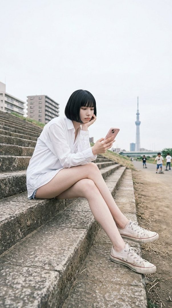 A young woman with a bob haircut sits on concrete stairs, looking at her pink smartphone, with a city skyline and tower in the background.
