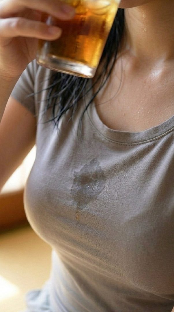 Close-up portrait of a young woman in a wet gray t-shirt drinking iced tea with a visible spill on her chest in an indoor summer setting.